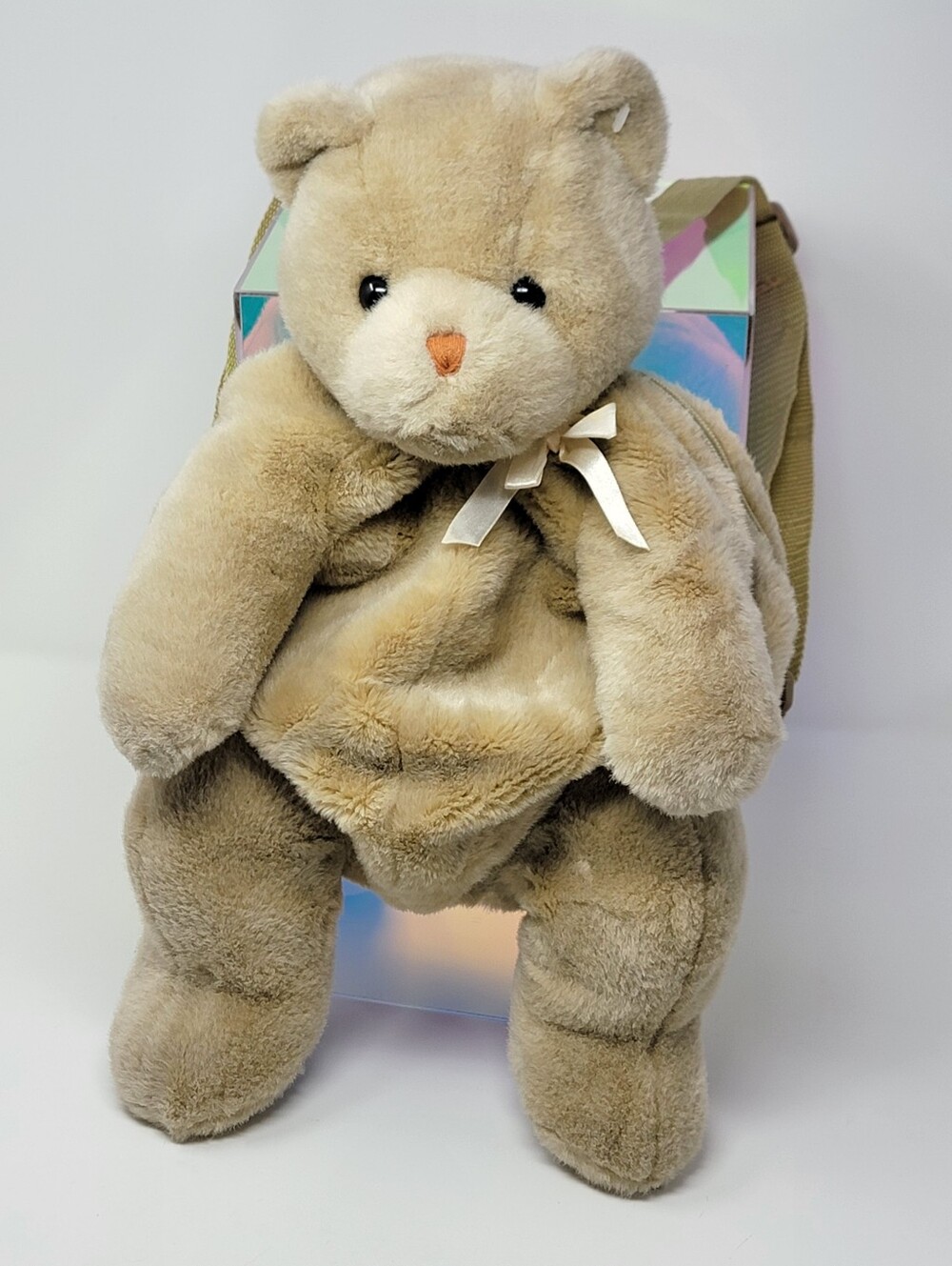 VTG Y2K 90s NWOT Mango Teddy Bear Plush Backpack Tan Cream w/ Ribbon Bow